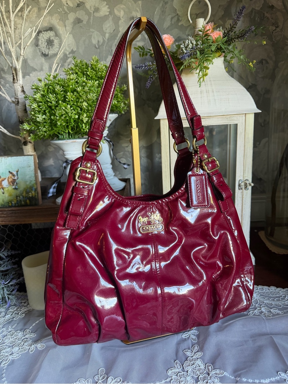 Coach Madison Crimson Red Patent Leather Maggie Hobo Shoulder Bag Purse 18760